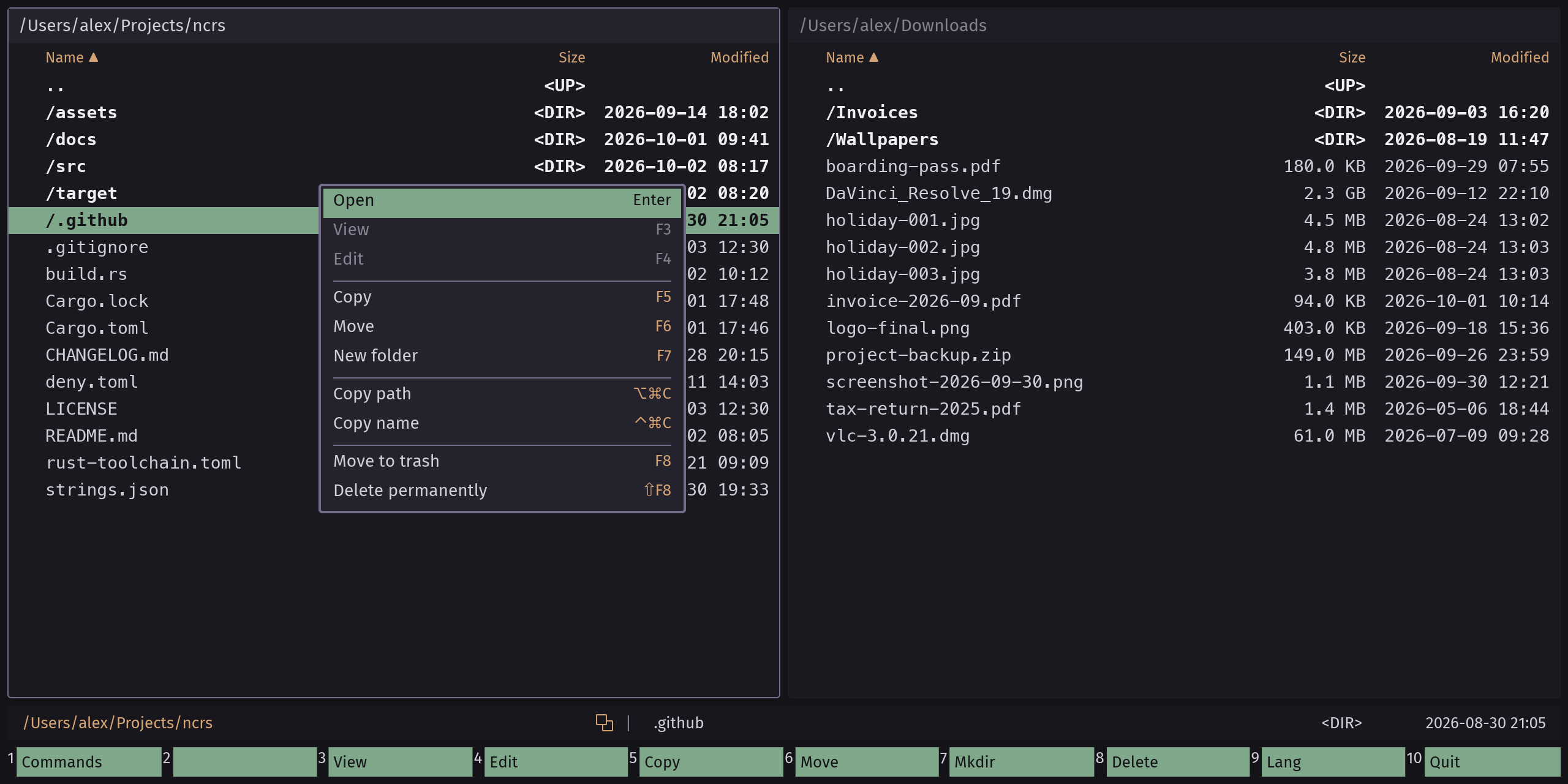 The context menu over a file row