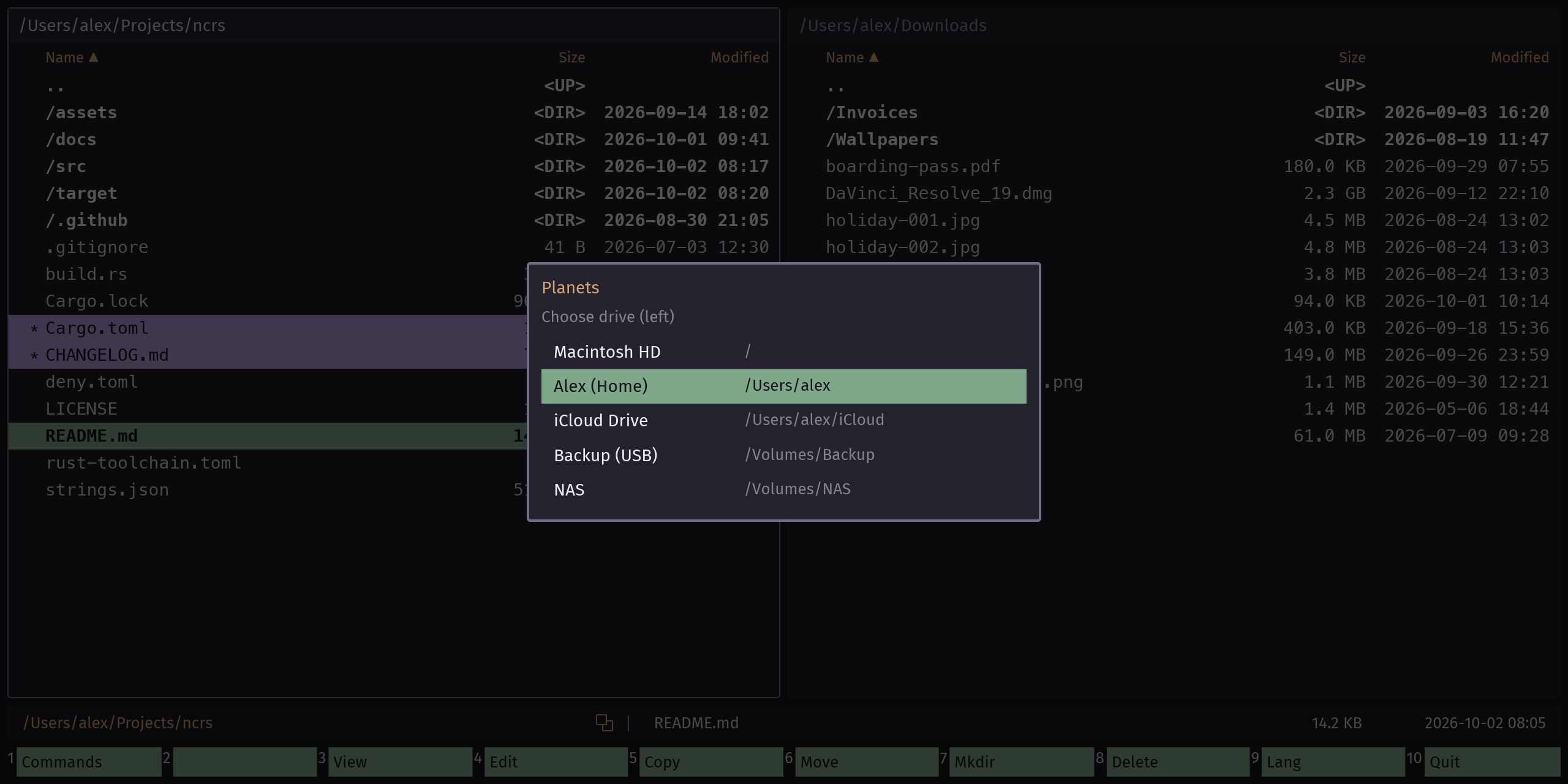 The drive menu listing volumes, cloud folders and favourites